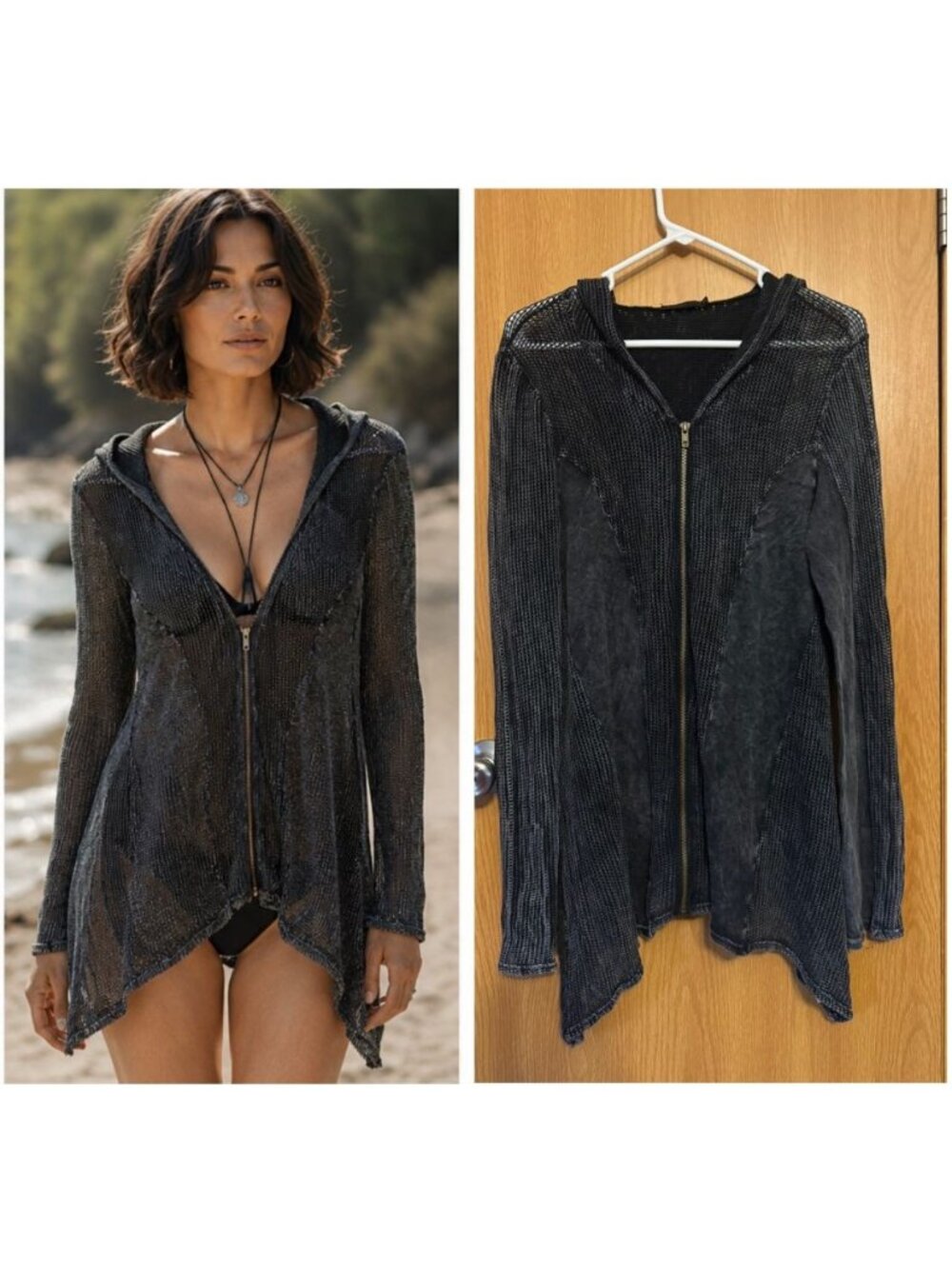Womens Wash Black Net Sheer Knit Zip Up Hoodie Beach Cover Up MEDIUM Chic Grunge